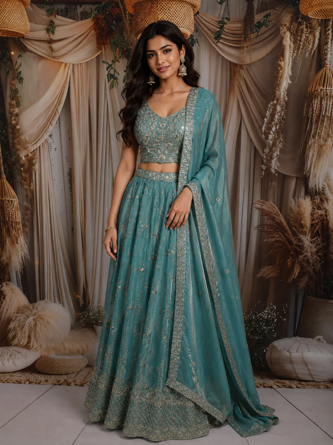 Sea Green Floral Sequins and Zari Embroidered Design Tissue Lehenga With Dupatta